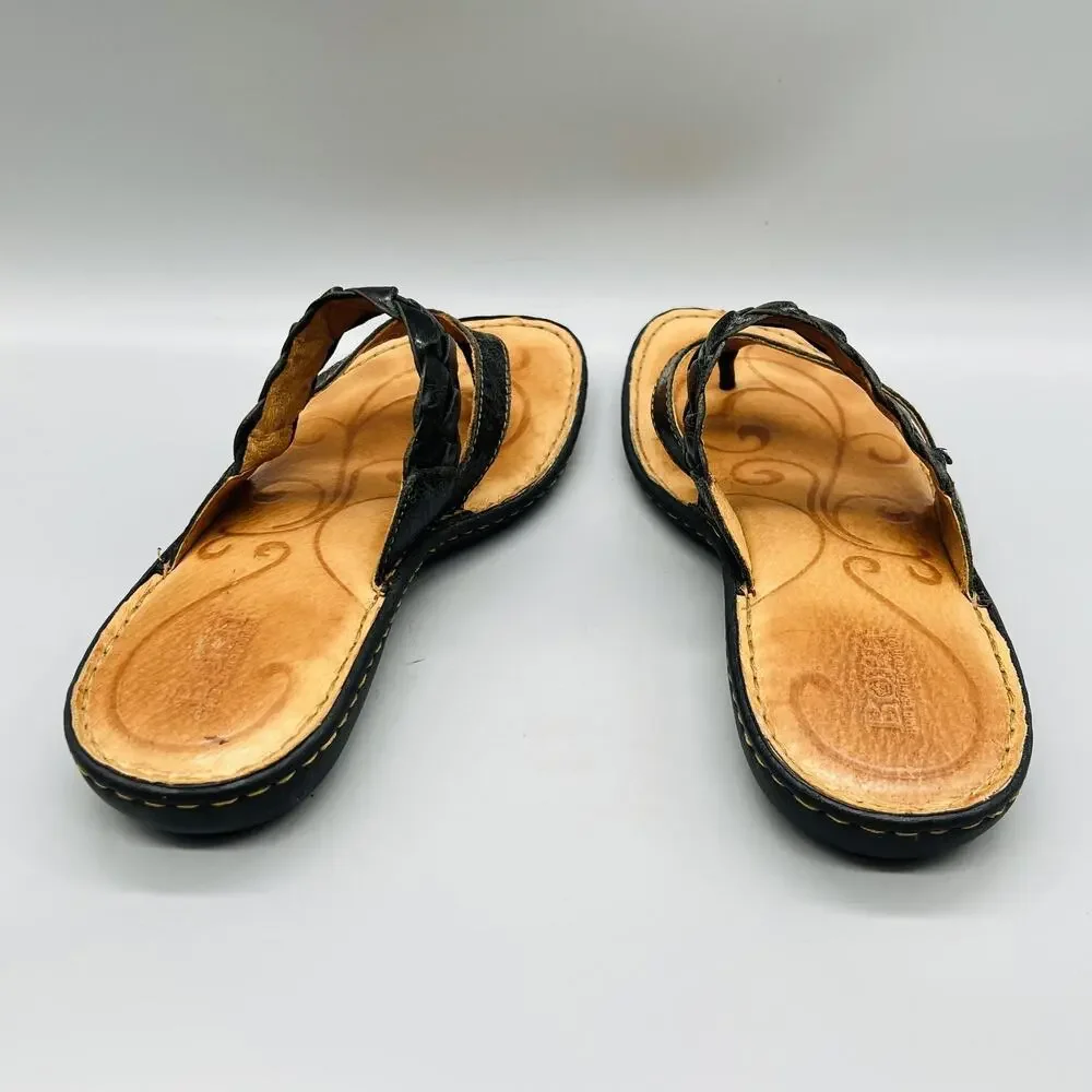 Born Sandals Womens 9 Black Leather Braided Strap Thong Slip On Comfort Shoes